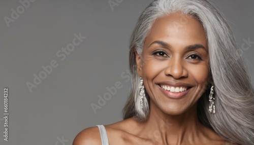 Happy smiling aging mature woman with long gray hair and smooth healthy skin in beauty and cosmetics skincare advertising concept