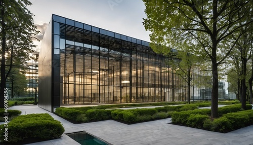 Green environment and trees in sustainable building: Eco-friendly glass office design