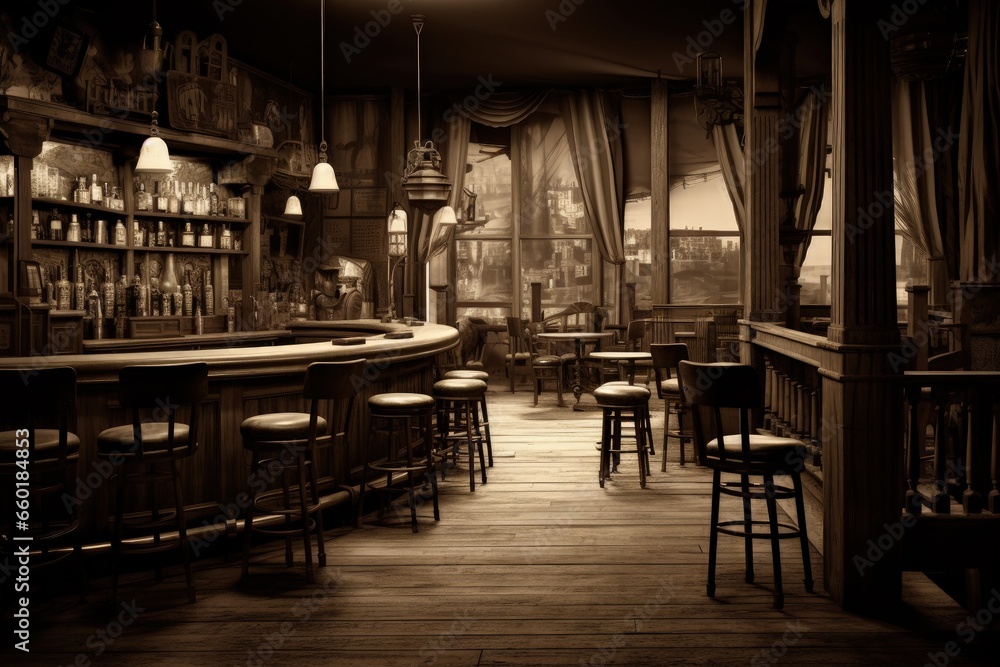 Fototapeta premium Inside a saloon in a western city, concept of history and the old west. Generative AI