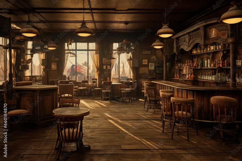 Inside a saloon in a western city, concept of history and the old west. Generative AI - obrazy, fototapety, plakaty 