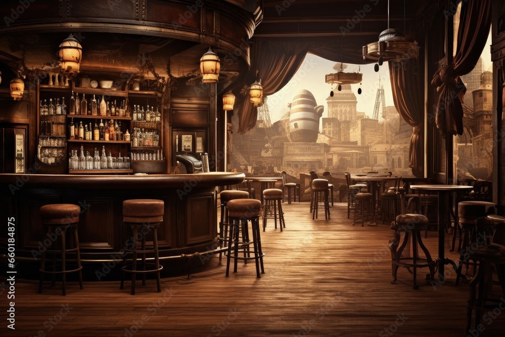 Inside a saloon in a western city, concept of history and the old west. Generative AI - obrazy, fototapety, plakaty 