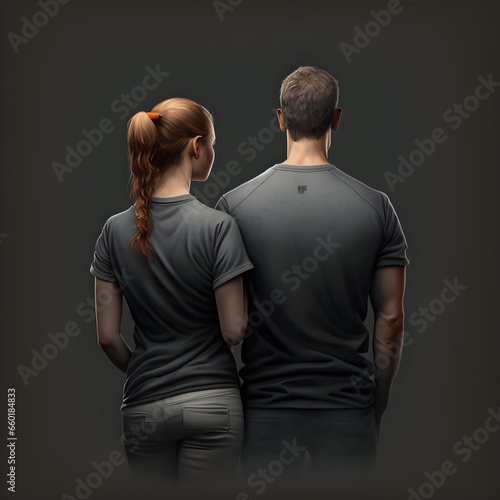 Realistic fullbody image of young athletic couple wearing plain dark gray tshirts happy in a dark style with their backs turned at an approximate 30degree angl 