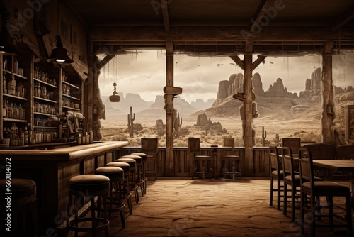 Inside a saloon in a western city, concept of history and the old west. Generative AI