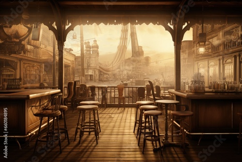 Inside a saloon in a western city, concept of history and the old west. Generative AI photo
