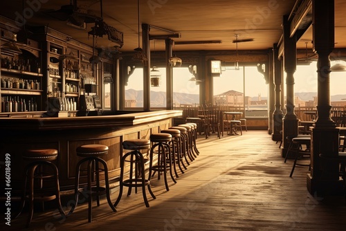 Inside a saloon in a western city, concept of history and the old west. Generative AI