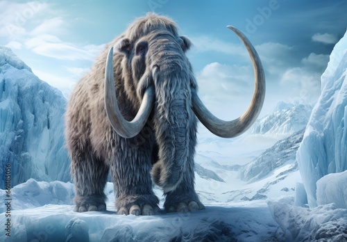 Glacial landscape with mammoth, ice mountains in prehistoric Antarctica. Generative AI