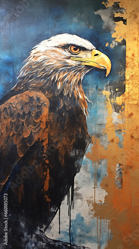 águia abstrato azul e dourado em tons terrosos, cobre e dourado
