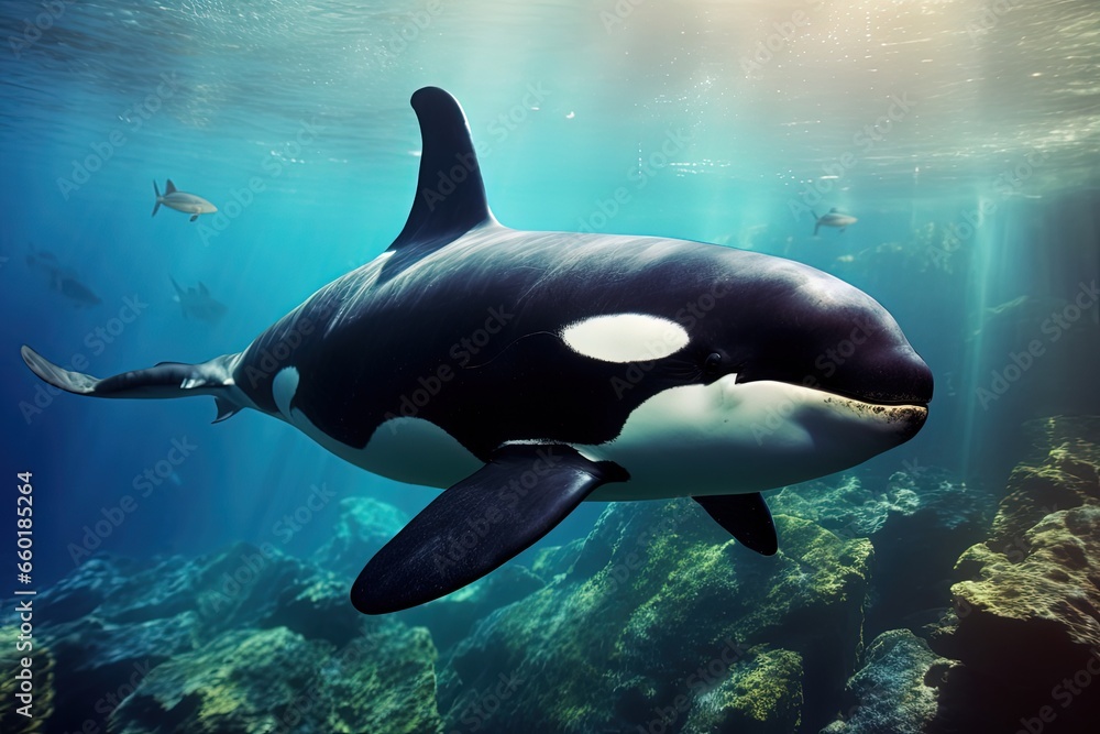 Obraz premium Landscape with orca whale at the bottom of the sea, giant mammal, marine life. Generative AI