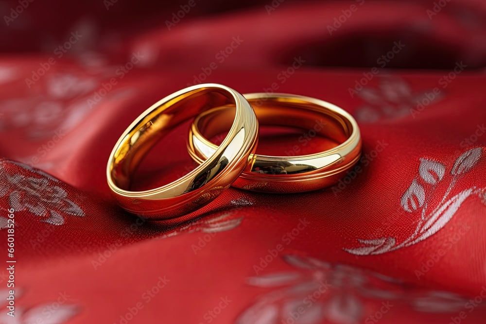 Pair of wedding rings on red fabric. Generative AI Pair of wedding rings on red fabric. Generative AI