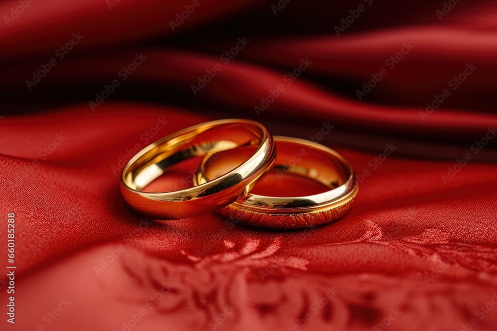 Pair of wedding rings on red fabric. Generative AI Pair of wedding rings on red fabric. Generative AI