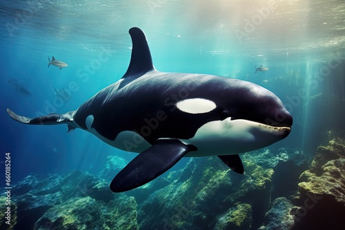Landscape with orca whale at the bottom of the sea, giant mammal, marine life. Generative AI
