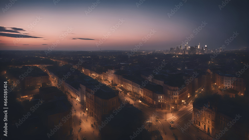 Aerial view of the city of Warsaw at night. Poland.