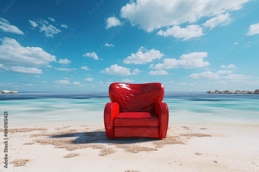 Tropical landscape with red cinema seat on the beach, concept of cinemas and movies. Generative AI Tropical landscape with red cinema seat on the beach, concept of cinemas and movies. Generative AI