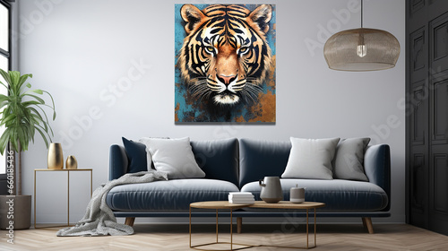 Tigre abstrato azul e dourado em tons terrosos, cobre e dourado