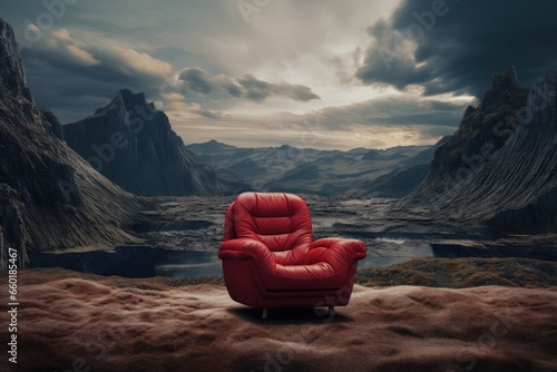 Nordic landscape with red cinema seat, concept of cinemas and films. Generative AI photo