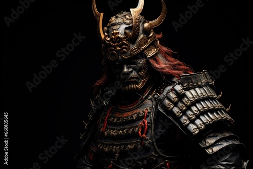 Landscape with samurai warrior on black background, ancient culture concept. Generative AI photo