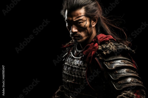 Landscape with samurai warrior on black background, ancient culture concept. Generative AI