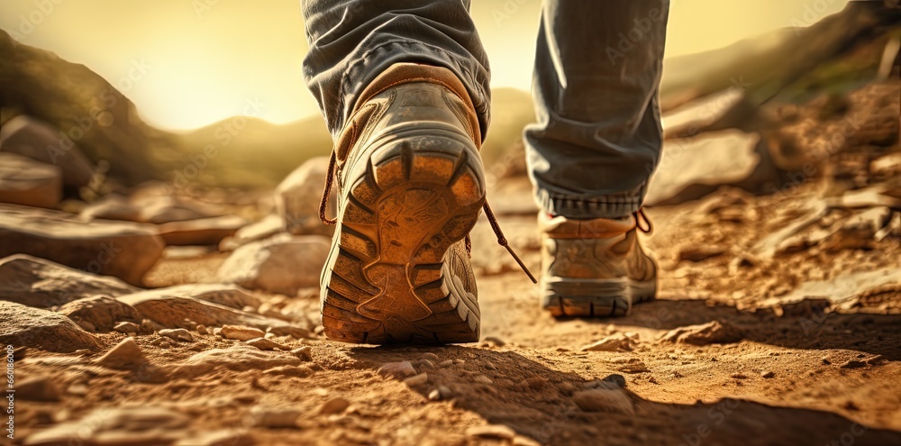 Landscape with man hiking in the mountains, beautiful sunset in the background. Generative AI Landscape with man hiking in the mountains, beautiful sunset in the background. Generative AI