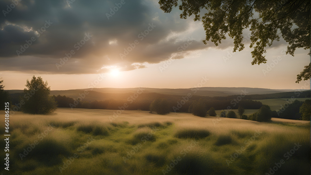 Sunset over a meadow in the countryside with trees in the foreground