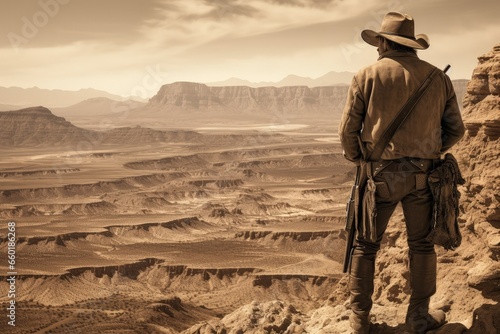 Landscape with gunslinger cowboy and canyons in the background, wild west. Generative AI