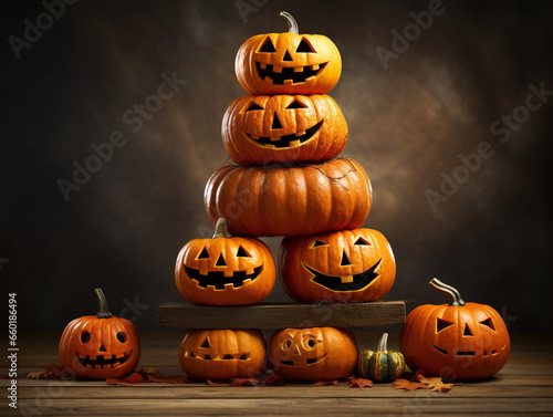 A stacked arrangement of Halloween pumpkins in various sizes and styles  with a raw appearance.