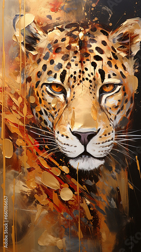 jaguar poderoso abstrato em tons terrosos, cobre e dourado