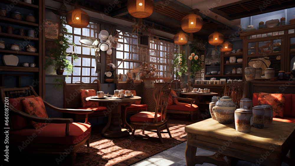 cozy tea shop interior, inviting upholstered chairs, seating arrangements, calming colors, asian influence