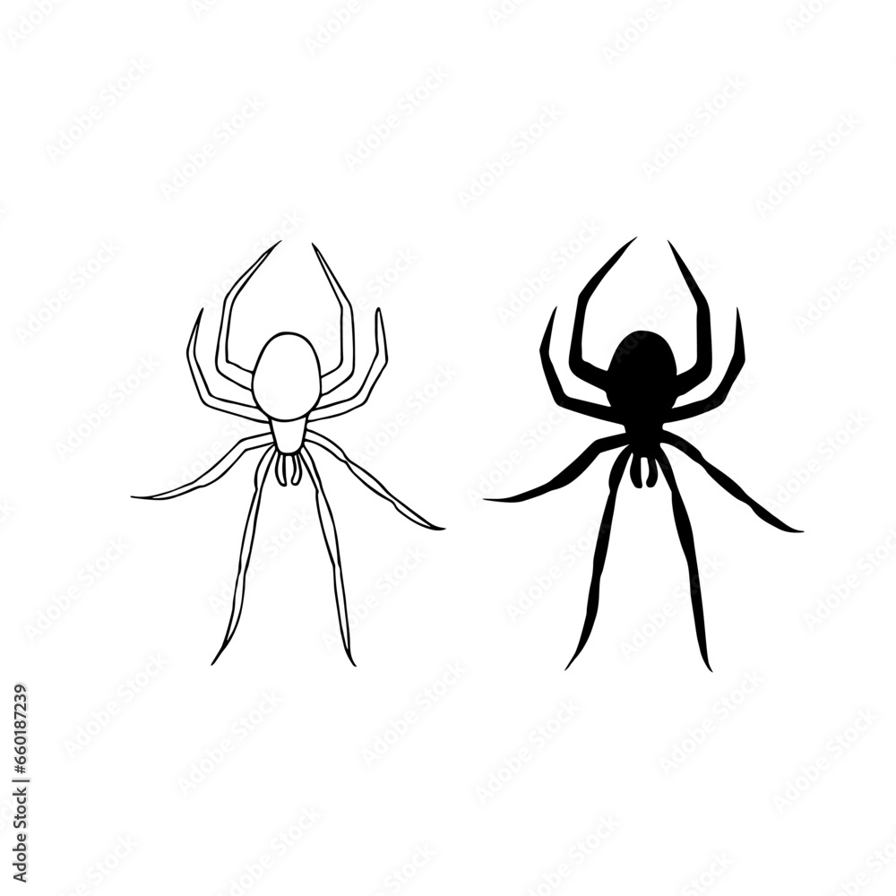 Set of spiders. Hand drawn vector illustration. For coloring, cards, printing, packaging, invitations, business cards, advertising Set of spiders. Hand drawn vector illustration. For coloring, cards, printing, packaging, invitations, business cards, advertising