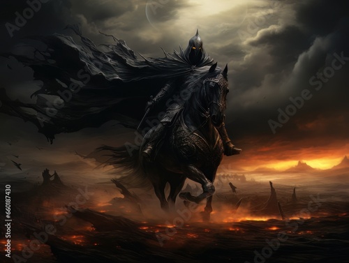 Black horseman of apocalypse riding black horse AI © Vitalii But