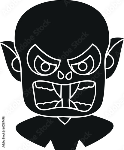 Cartoon Black and White Illustration Vector Of A Vampires Face with an Angry Expression and Fangs