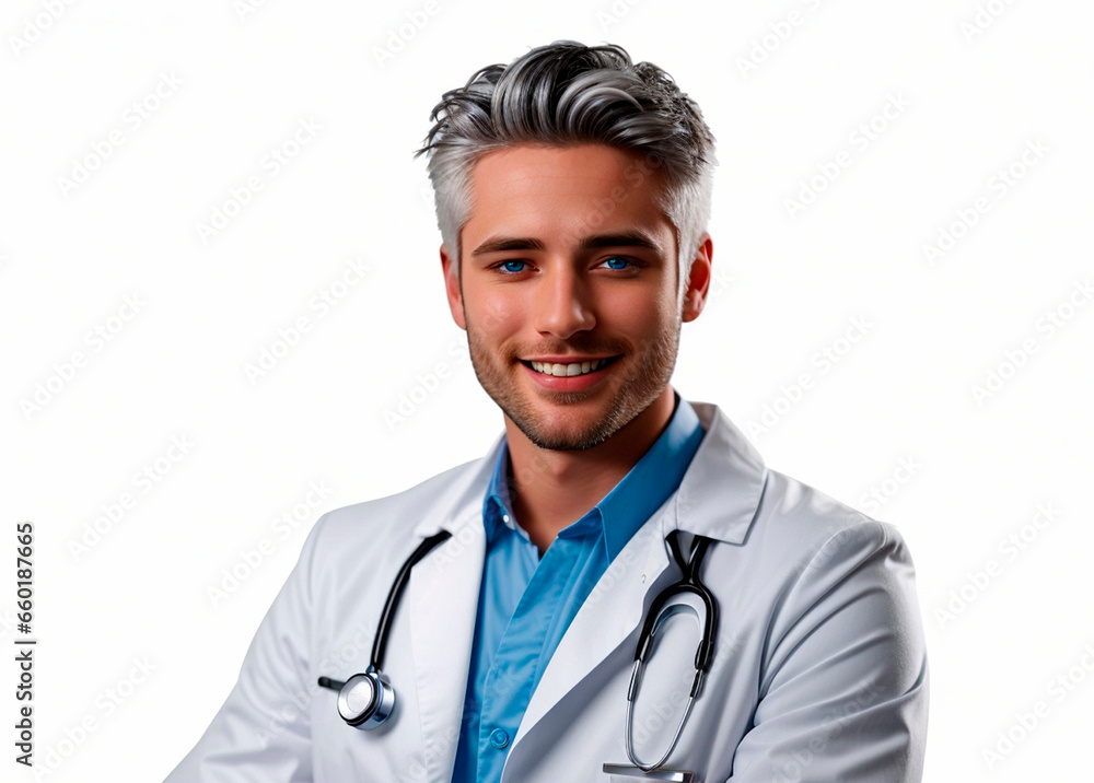 Young doctor with gray hair in white hospital clothes. Young doctor with gray hair in white hospital clothes.