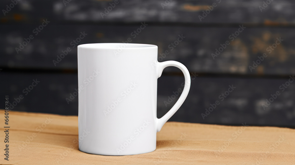 Blank white mug mockup on table, Empty cup template. Generative AI Blank white mug mockup on table, Empty cup template. Generative AI