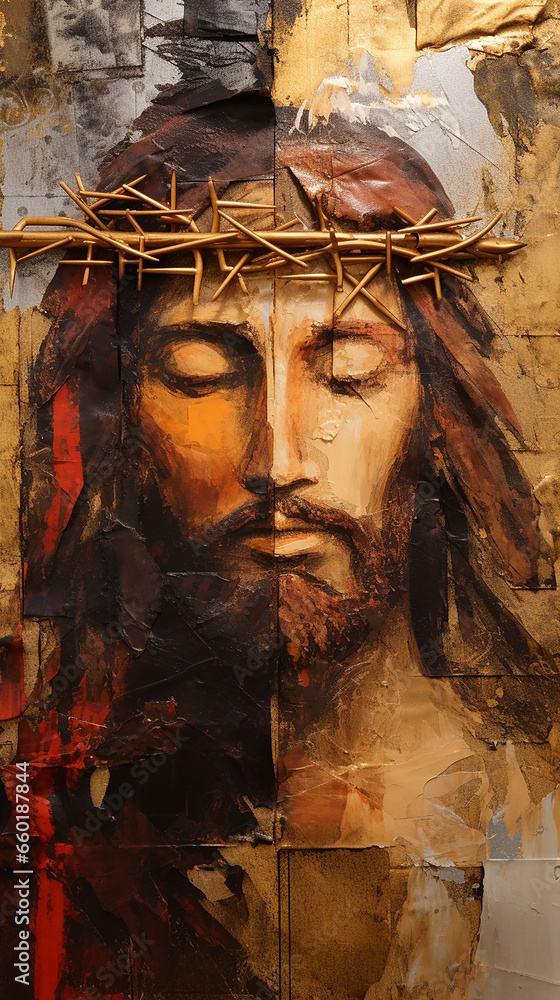 Jesus cristo abstrato Tons terrosos, cobre e dourado 