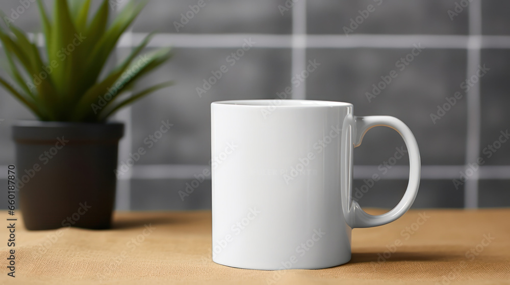 Blank white mug mockup on table with plant background, Empty cup template. Generative AI Blank white mug mockup on table with plant background, Empty cup template. Generative AI