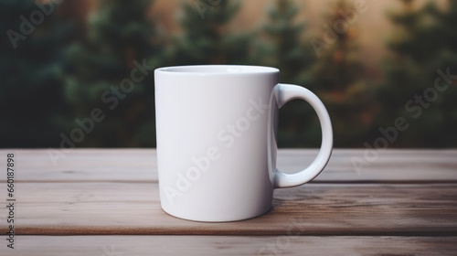 Blank white mug mockup on wooden table with plants background, Empty cup template. Generative AI