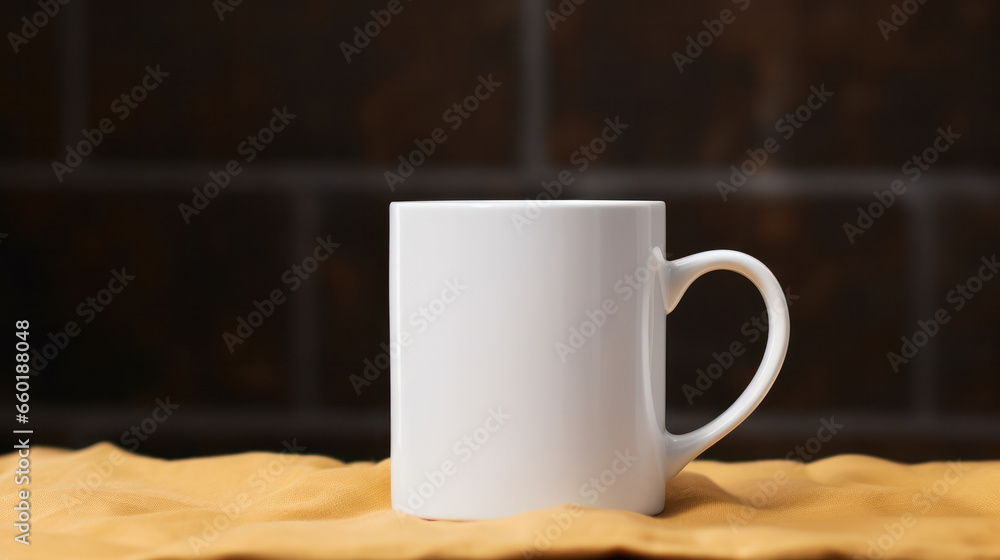 Blank white mug mockup on table, Empty cup template. Generative AI