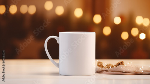 Blank white mug mockup on wooden table with cozy blurry Christmas background, Empty cup template. Generative AI