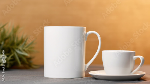 Wallpaper Mural Blank two white mugs mockup on wooden table with plants background, Empty cups template. Generative AI Torontodigital.ca