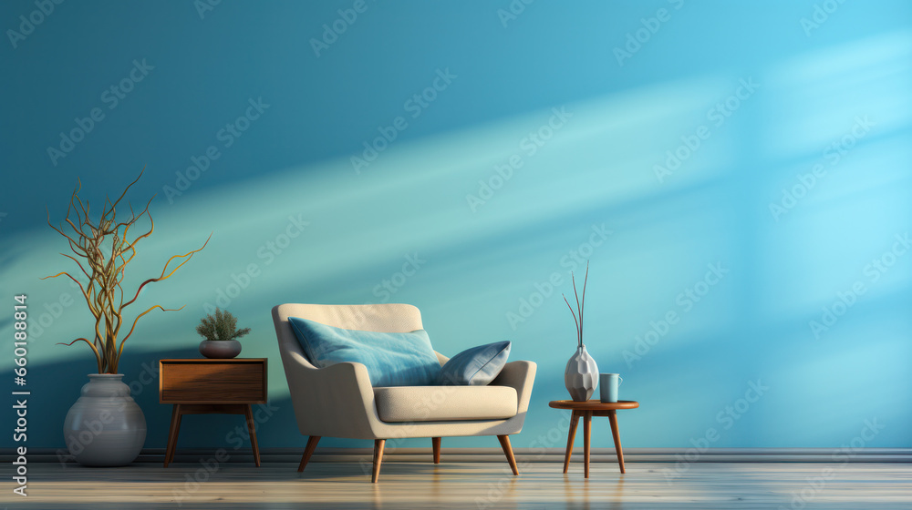 Modern blue living room interior, sofa, couch, armchair. Generative AI