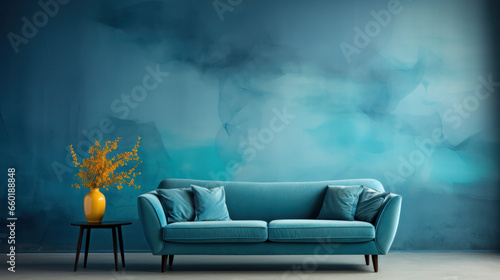 Modern blue living room interior, sofa, couch, armchair. Generative AI photo