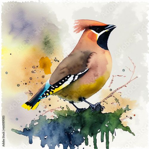 A cedar waxwing bird, in a colorful watercolor style. Generative AI
 photo