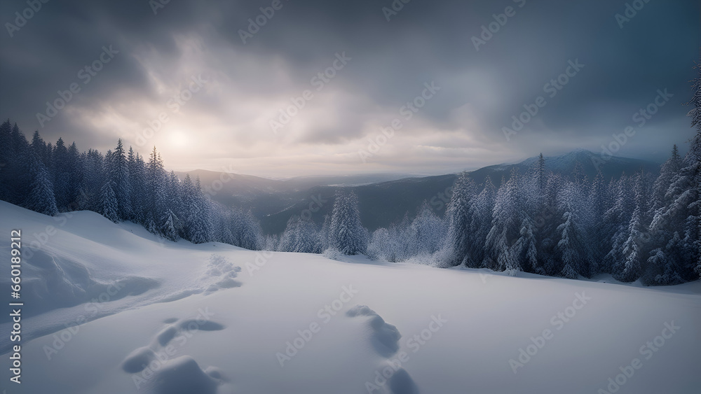 Fantastic winter landscape. Dramatic overcast sky. Carpathian. Ukraine. Europe. Beauty world.