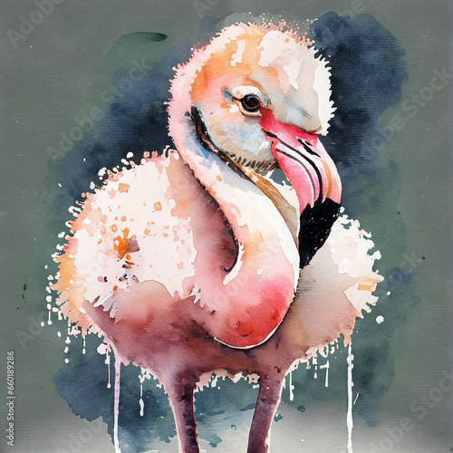 Pink flamingo, in a colorful watercolor style. Generative AI
