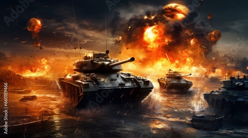 Fighter jets attack a tank as a defensive mission. Explosion and destruction caused by war.