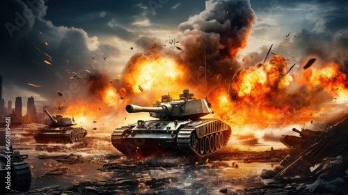 Fighter jets attack a tank as a defensive mission. Explosion and destruction caused by war.