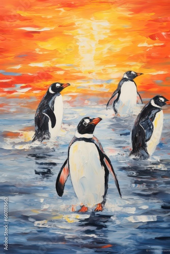 penguins at sunset