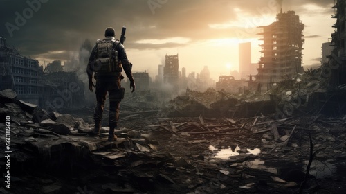 Alone soldier walking in destroyed city photo
