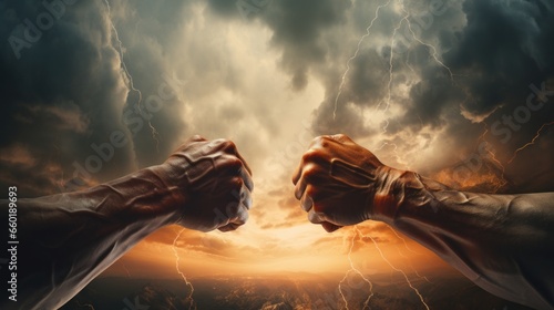 Fight, two fists hitting each other over dramatic sky.
