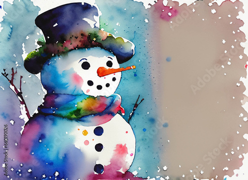 Cute snowman with top hat, in a colorful watercolor style. Generative AI 