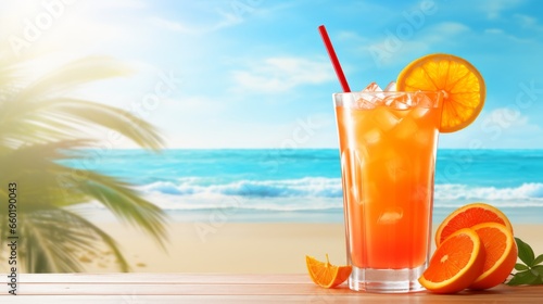 A marine background with tropical orange cocktail decorated with Plumeria or Frangipani flower.